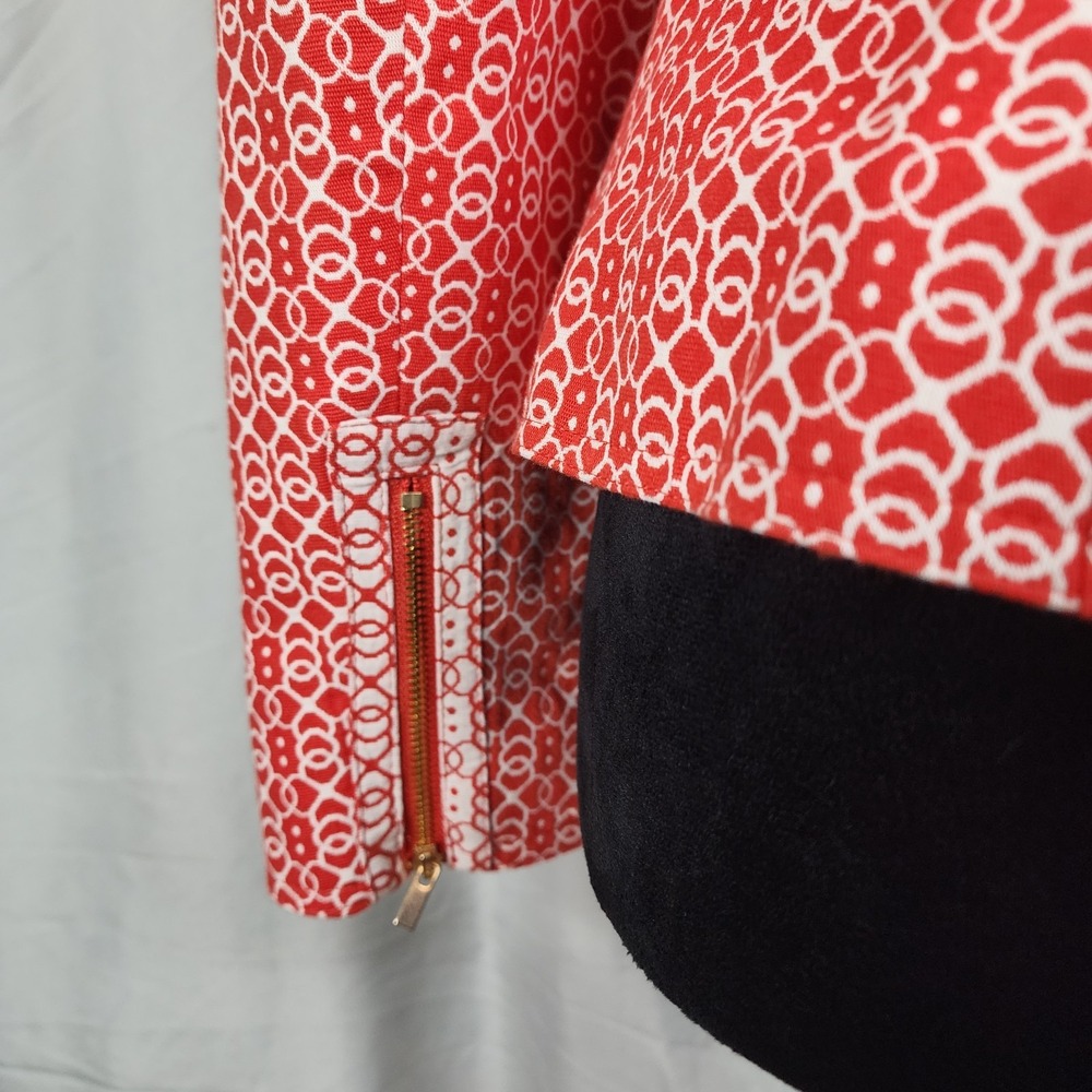 JONES NEW YORK Size Large Red‎ White Jacquard 100% Cotton Full Zip Blazer Jacket - Picture 11 of 13